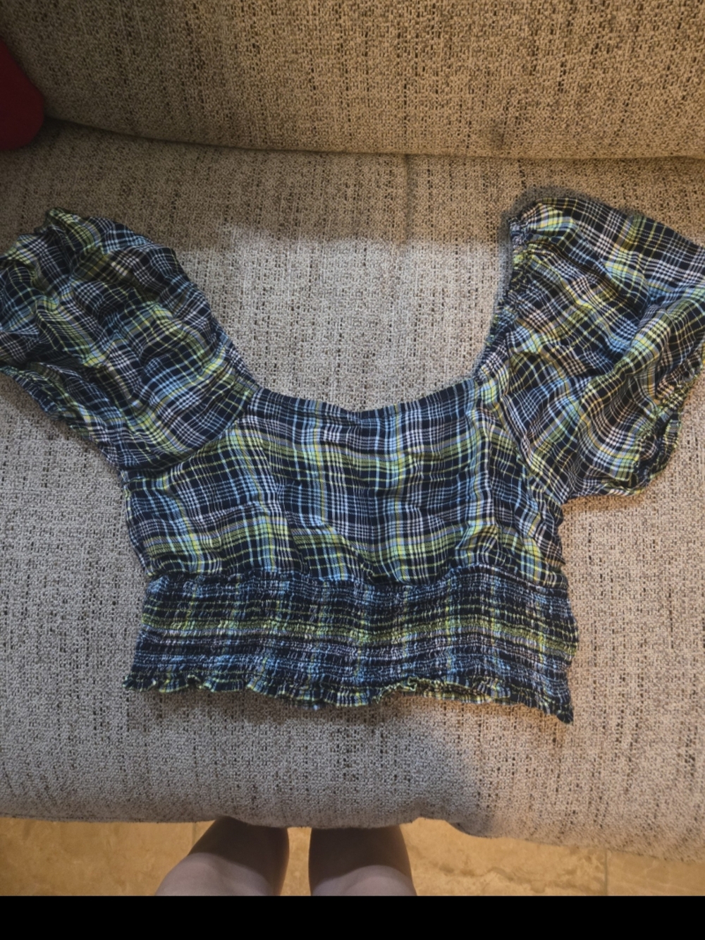 Plaid Smocked Crop Top - Yellow & Black